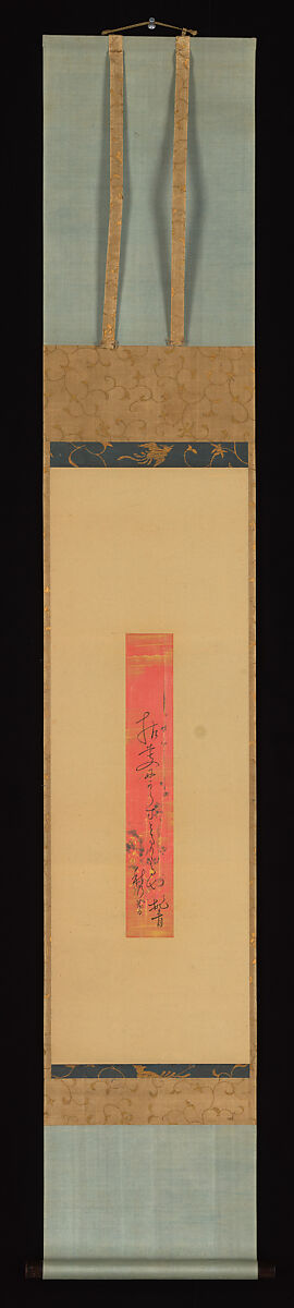 Hokku poem “On a withered branch”, Matsuo Bashō 松尾芭蕉 (Japanese, 1644–1694), Poetry slip (tanzaku) mounted as a hanging scroll: ink on paper decorated with gold, Japan
