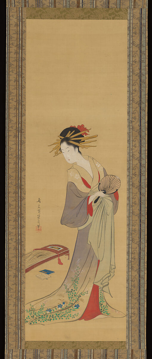 Courtesan with Fan and Koto, Chōbunsai Eishi 鳥文斎栄之 (Japanese, 1756–1829), Hanging scroll; color on silk, Japan 