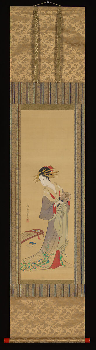 Courtesan with Fan and Koto, Chōbunsai Eishi 鳥文斎栄之 (Japanese, 1756–1829), Hanging scroll; color on silk, Japan