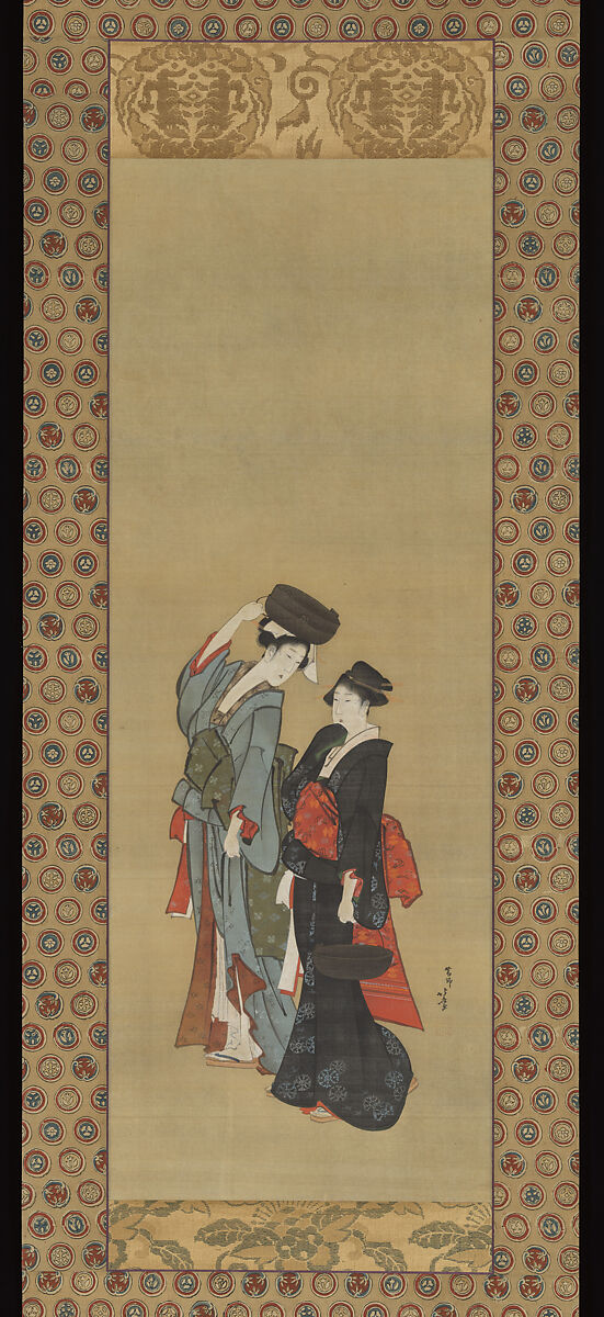 Women Carrying Pots for the Tsukuma Festival, After Katsushika Hokusai 葛飾北斎 (Japanese, Tokyo (Edo) 1760–1849 Tokyo (Edo)), Hanging scroll; partly woodblock printed, partly painted in ink and color on silk, Japan 