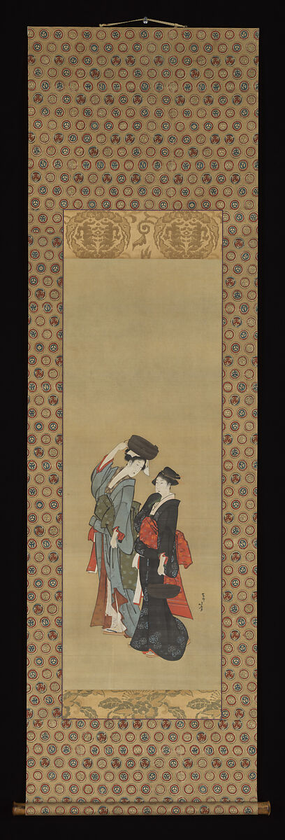 Women Carrying Pots for the Tsukuma Festival, After Katsushika Hokusai 葛飾北斎 (Japanese, Tokyo (Edo) 1760–1849 Tokyo (Edo)), Hanging scroll; partly woodblock printed, partly painted in ink and color on silk, Japan
