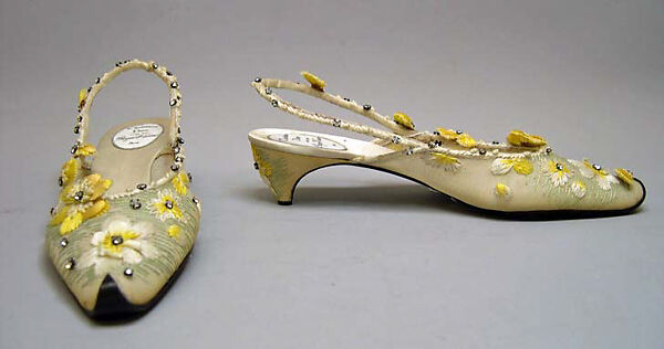 Evening shoes, House of Dior (French, founded 1946), silk, cotton, glass, metal, leather, French 