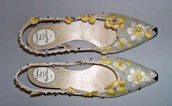Evening shoes, House of Dior (French, founded 1946), silk, cotton, glass, metal, leather, French