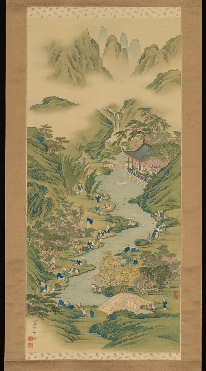 Lanting Pavilion by a Winding Stream, Hara Zaichū 原在中 (Japanese, 1750–1837), Hanging scroll; ink and color on silk, Japan 