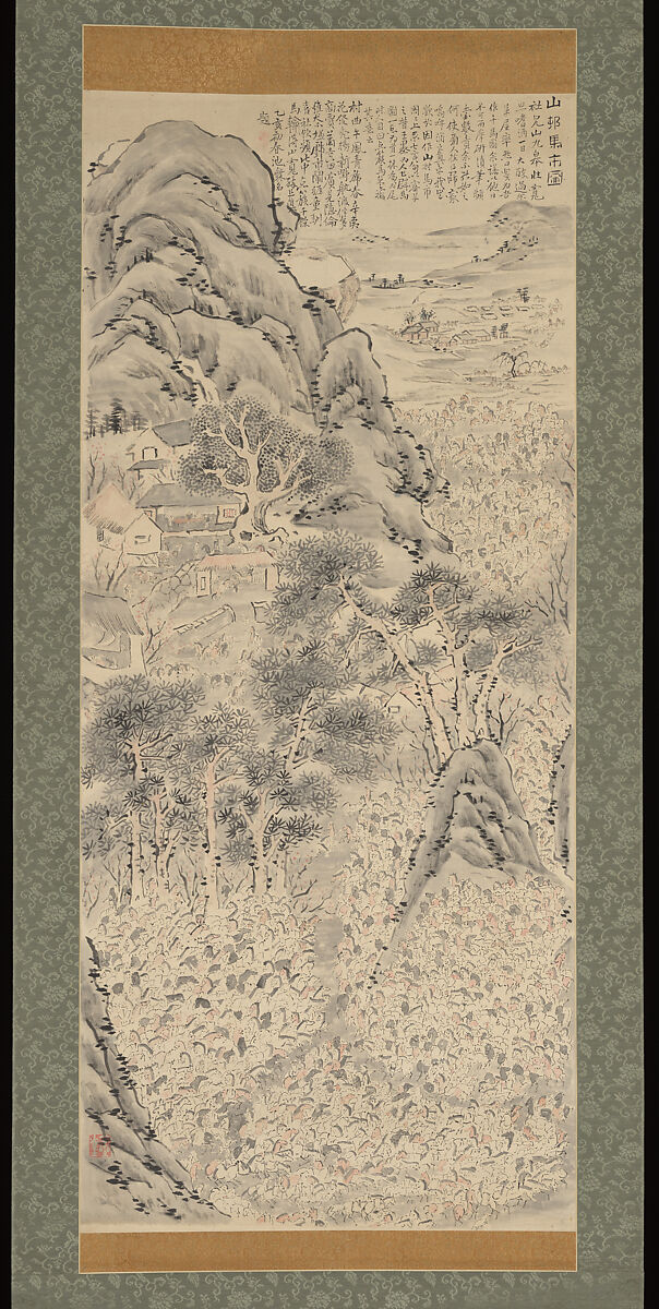 After Ike Taiga’s “Horse Market in a Mountain Village”, Watanabe Kazan 渡辺崋山 (Japanese, 1793–1841), Hanging scroll; ink and color on paper, Japan 