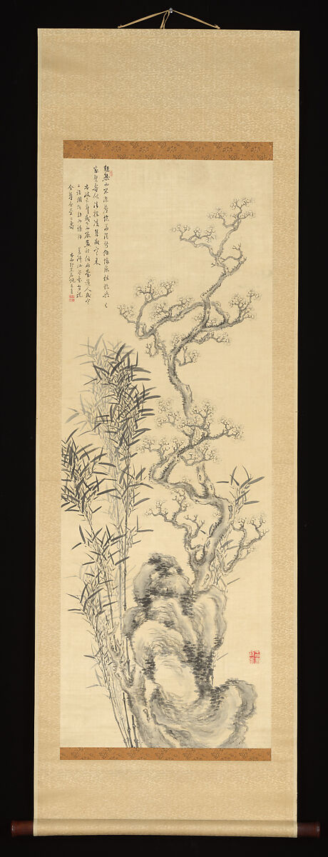 Ink Plum and Bamboo, Hoashi Kyōu 帆足杏雨 (Japanese, 1810–1884), Hanging scroll; ink on satin, Japan