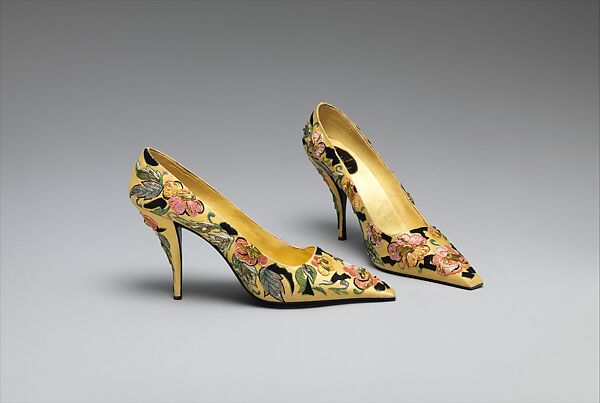 Pumps, House of Dior (French, founded 1946), silk, leather, metallic thread, plastic, French 