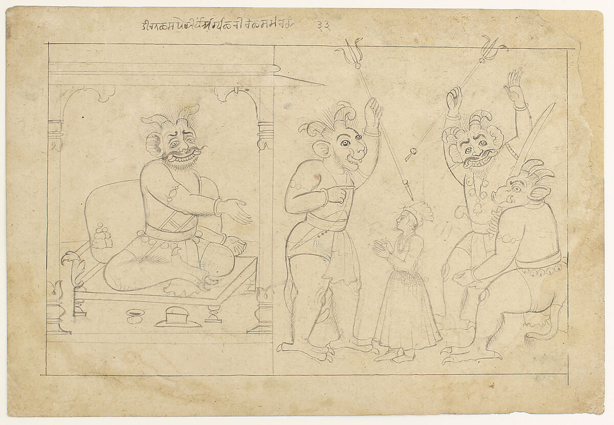 Hiranyakashipu commands his demon warriors to threaten and injure Prahlada. Preparatory drawing from the ‘Small Bhagavata Purana’ Series, Attributed to Manaku (Indian, active ca. 1725–60), Brush drawing on paper, India, Guler, Himachal Pradesh 