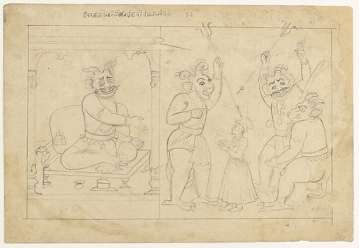 Hiranyakashipu commands his demon warriors to threaten and injure Prahlada. Preparatory drawing from the ‘Small Bhagavata Purana’ Series