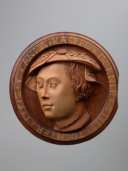 Anna Rasper or Anna Dornle (?); Cover with a Siren, Meister der Dosenköpke (Master of the Capsule Portraits) (German, 16th century), Portrait: wood, pearwood; canister bottom: walnut partially painted 