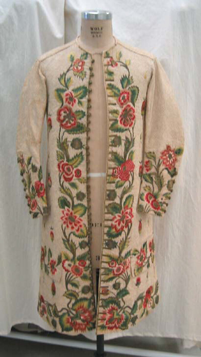 Waistcoat, linen, silk, metallic thread, British