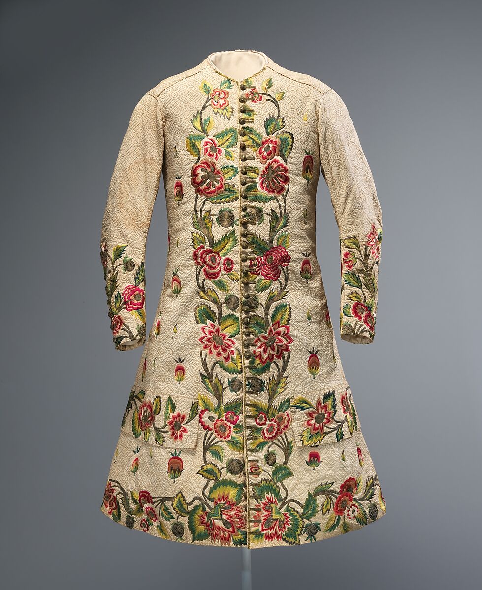 Waistcoat, linen, silk, metallic thread, British 
