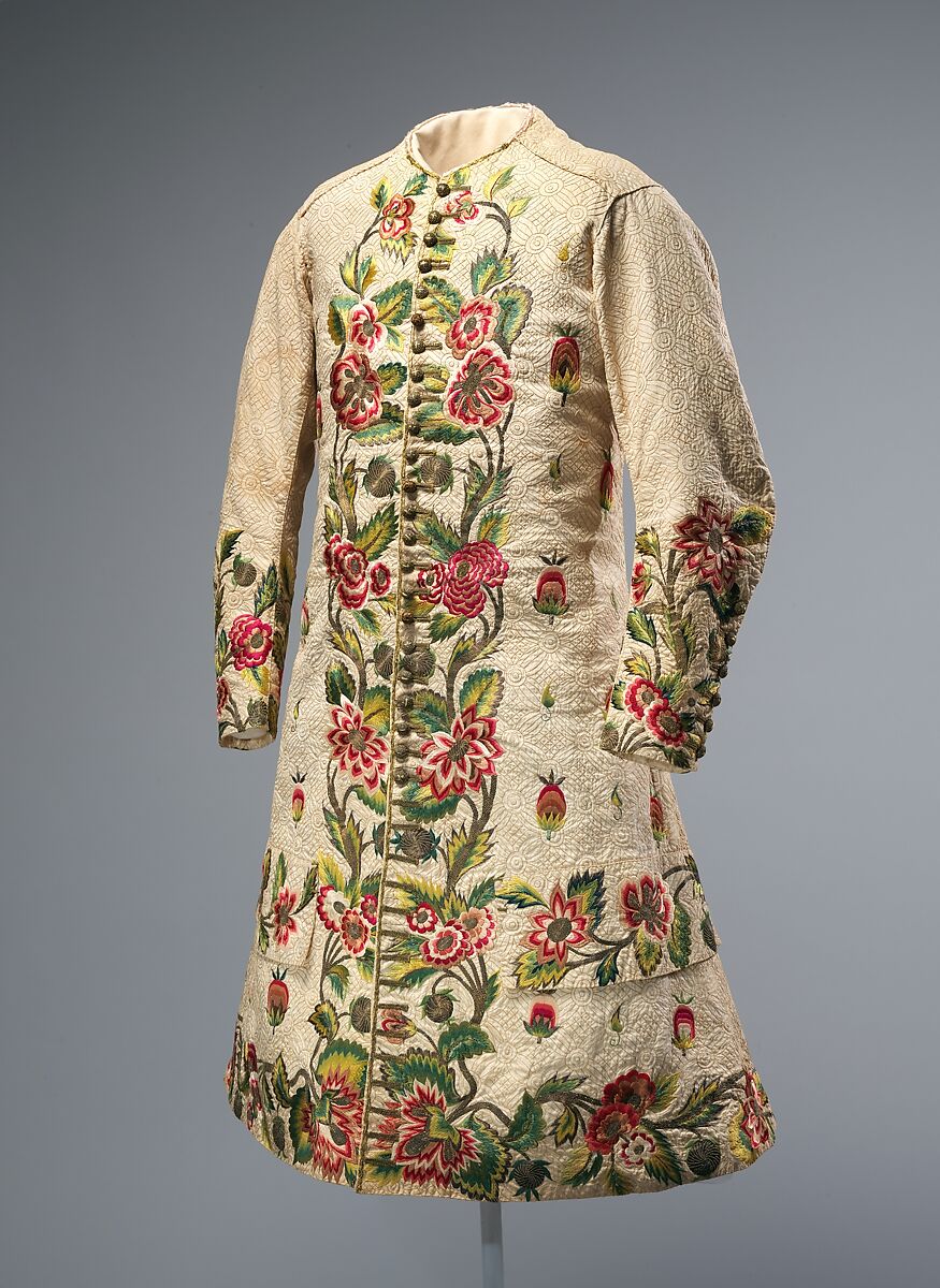 Waistcoat, linen, silk, metallic thread, British