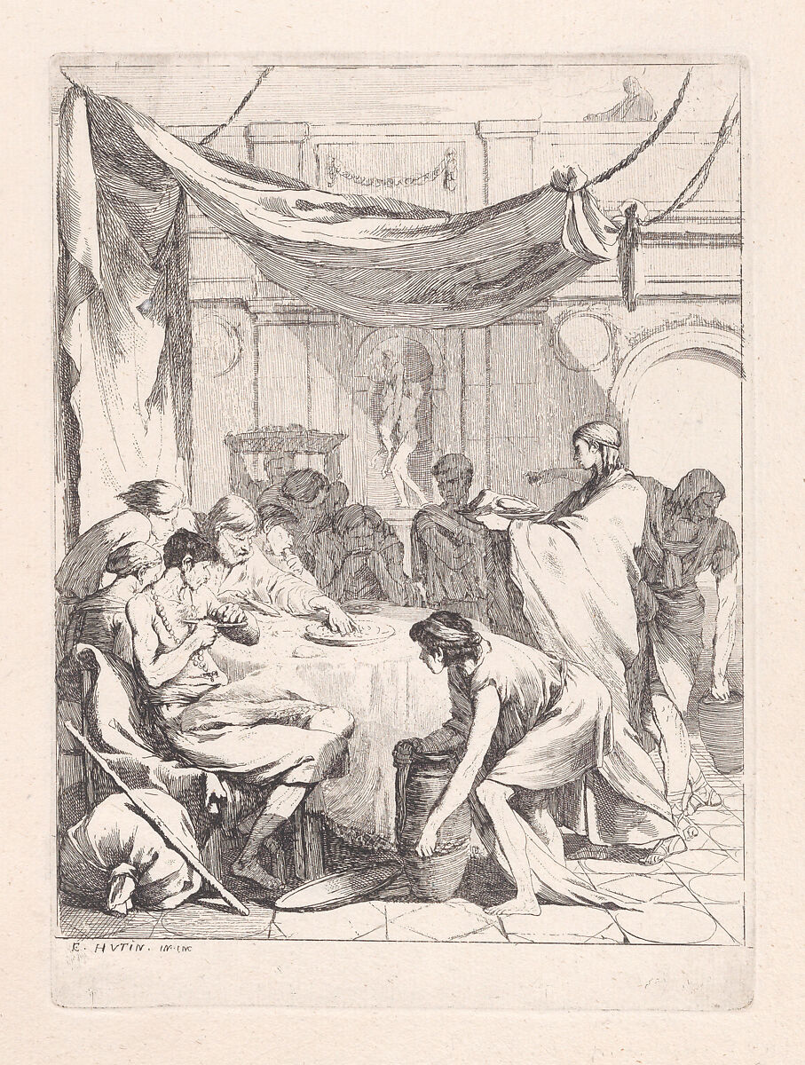 Sheltering Strangers, François Hutin (French, 1686–1758), Etching 