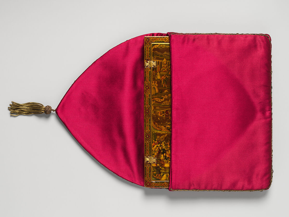 Mirror Case Depicting the Meeting of Nasir al-Din Mirza and Tsar Nicholas I in Erivan and Satin Pouch, Muhammad Isma'il Isfahani (Iranian, 1814–1892), a) Pasteboard, opaque color, watercolor, gold under a lacquer varnish
b) Satin pouch with metal wrapped embroidery