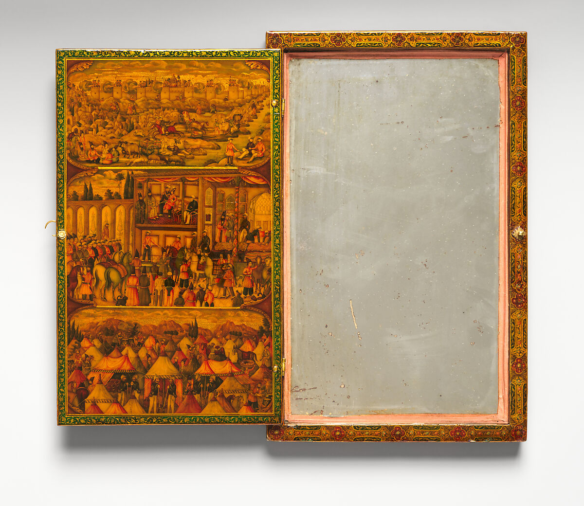 Mirror Case Depicting the Meeting of Nasir al-Din Mirza and Tsar Nicholas I in Erivan and Satin Pouch, Muhammad Isma&#39;il Isfahani (Iranian, 1814–1892), a) Pasteboard, opaque color, watercolor, gold under a lacquer varnish
b) Satin pouch with metal wrapped embroidery 