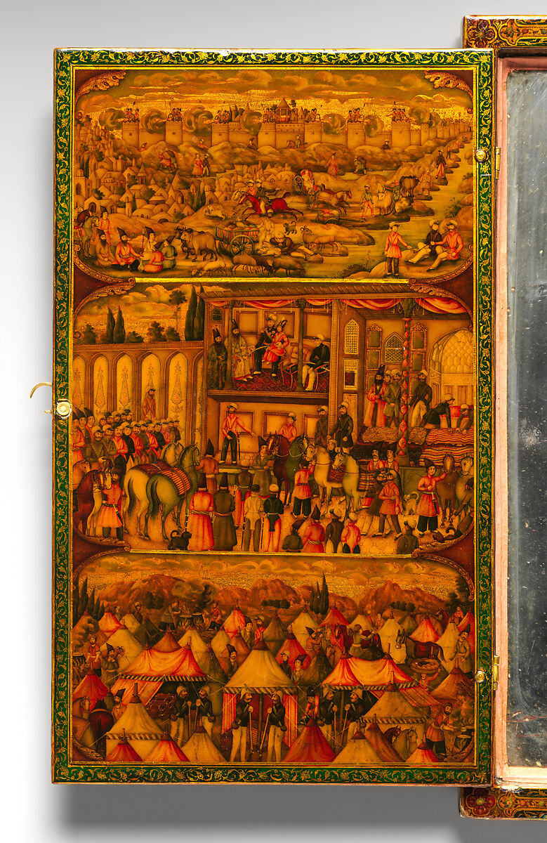 Mirror Case Depicting the Meeting of Nasir al-Din Mirza and Tsar Nicholas I in Erivan and Satin Pouch, Muhammad Isma'il Isfahani (Iranian, 1814–1892), a) Pasteboard, opaque color, watercolor, gold under a lacquer varnish
b) Satin pouch with metal wrapped embroidery
