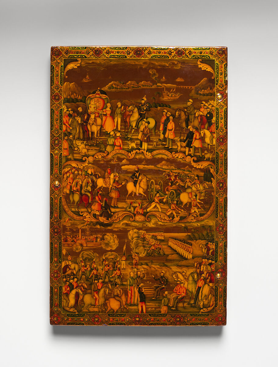 Mirror Case Depicting the Meeting of Nasir al-Din Mirza and Tsar Nicholas I in Erivan and Satin Pouch, Muhammad Isma'il Isfahani (Iranian, 1814–1892), a) Pasteboard, opaque color, watercolor, gold under a lacquer varnish
b) Satin pouch with metal wrapped embroidery