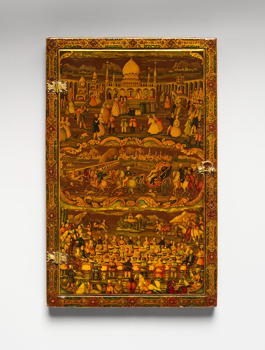 Mirror Case Depicting the Meeting of Nasir al-Din Mirza and Tsar Nicholas I in Erivan and Satin Pouch, Muhammad Isma'il Isfahani (Iranian, 1814–1892), a) Pasteboard, opaque color, watercolor, gold under a lacquer varnish
b) Satin pouch with metal wrapped embroidery
