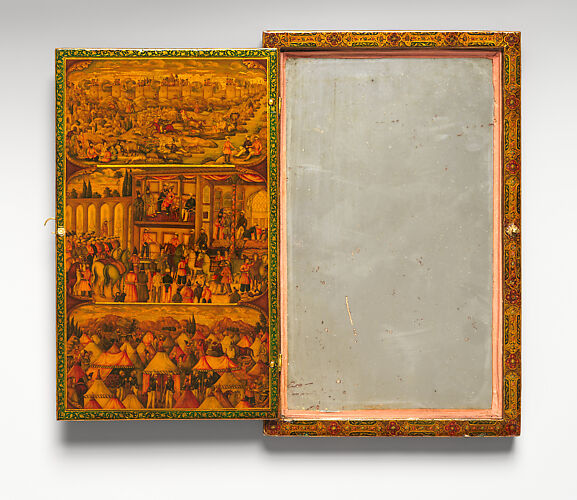 Mirror Case Depicting the Meeting of Nasir al-Din Mirza and Tsar Nicholas I in Erivan and Satin Pouch