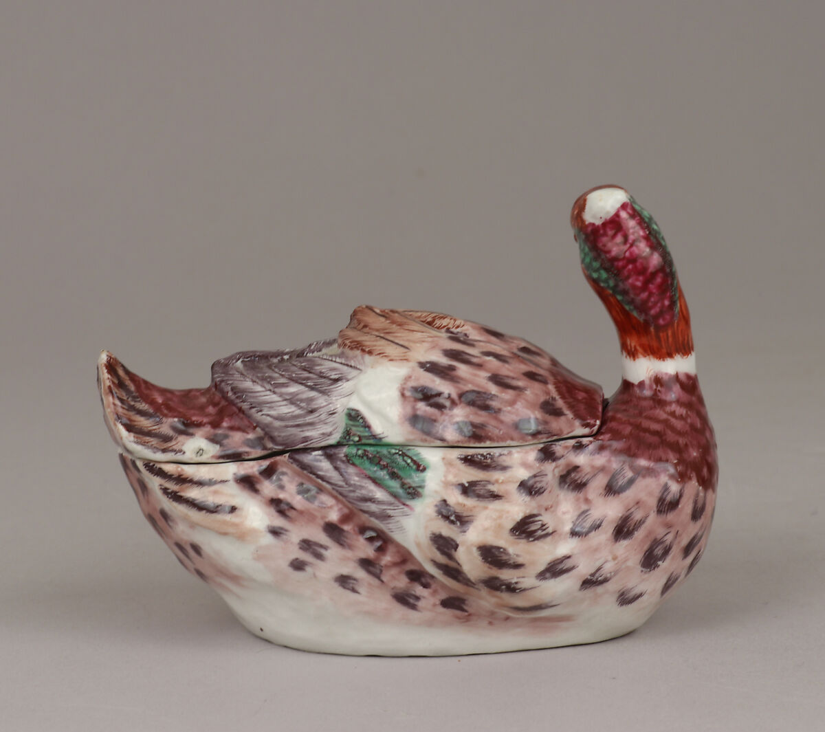 Miniature tureen in the form of a duck (one of a pair), Bow Porcelain Factory (British, 1747–1776), Soft-paste porcelain, British, Bow, London
