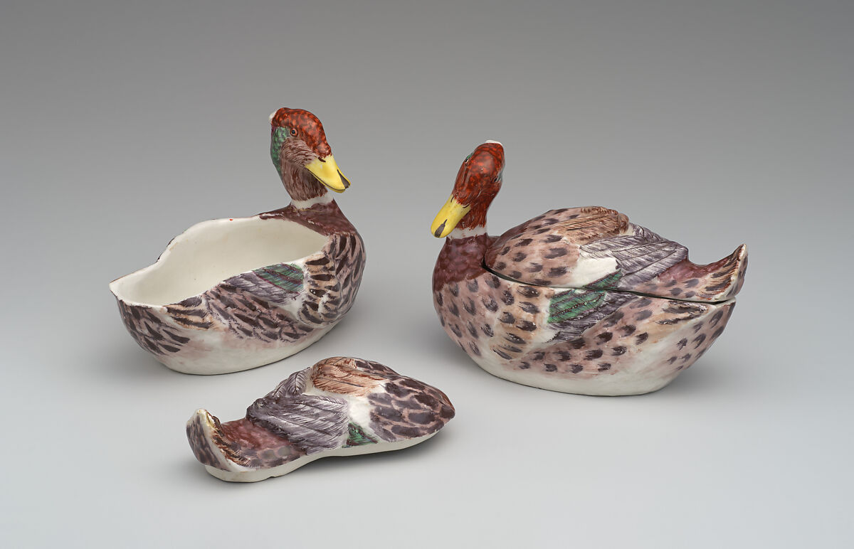 Miniature tureen in the form of a duck (one of a pair), Bow Porcelain Factory (British, 1747–1776), Soft-paste porcelain, British, Bow, London