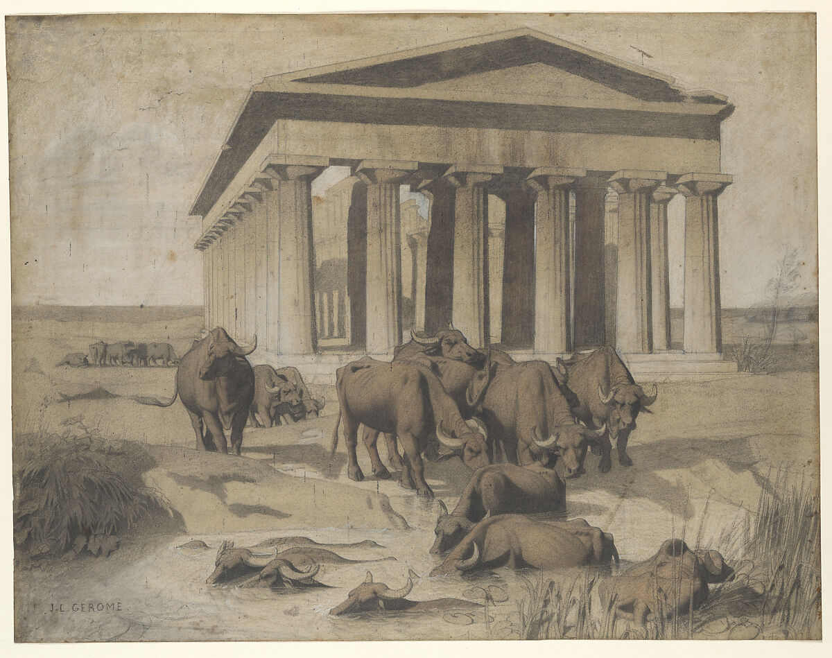 Paestum, Jean-Léon Gérôme (French, Vesoul 1824–1904 Paris), Black, red, and white chalk, brush and brown wash, over graphite 