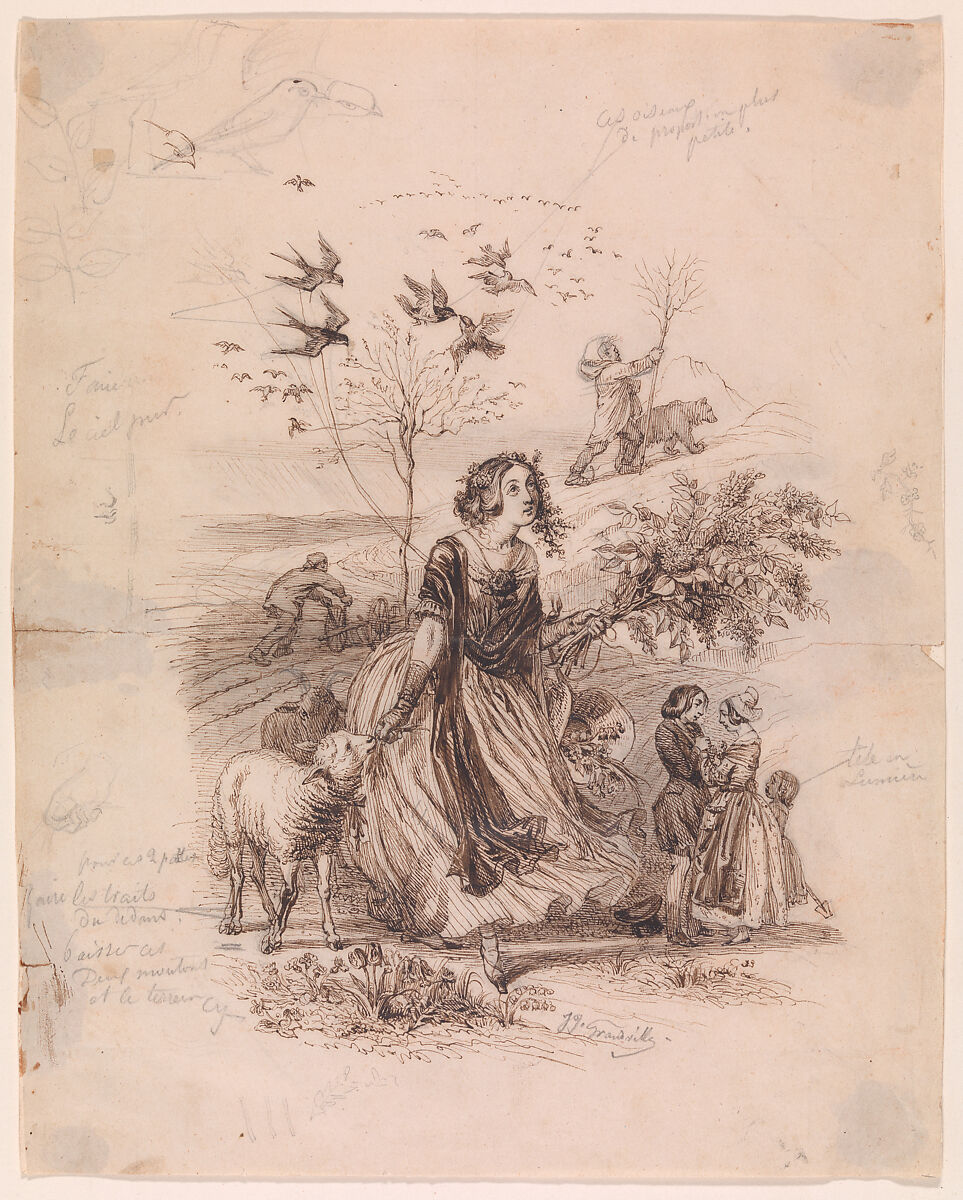 Shepherdess, J. J. Grandville (French, Nancy 1803–1847 Vanves), Pen and ink and graphite 