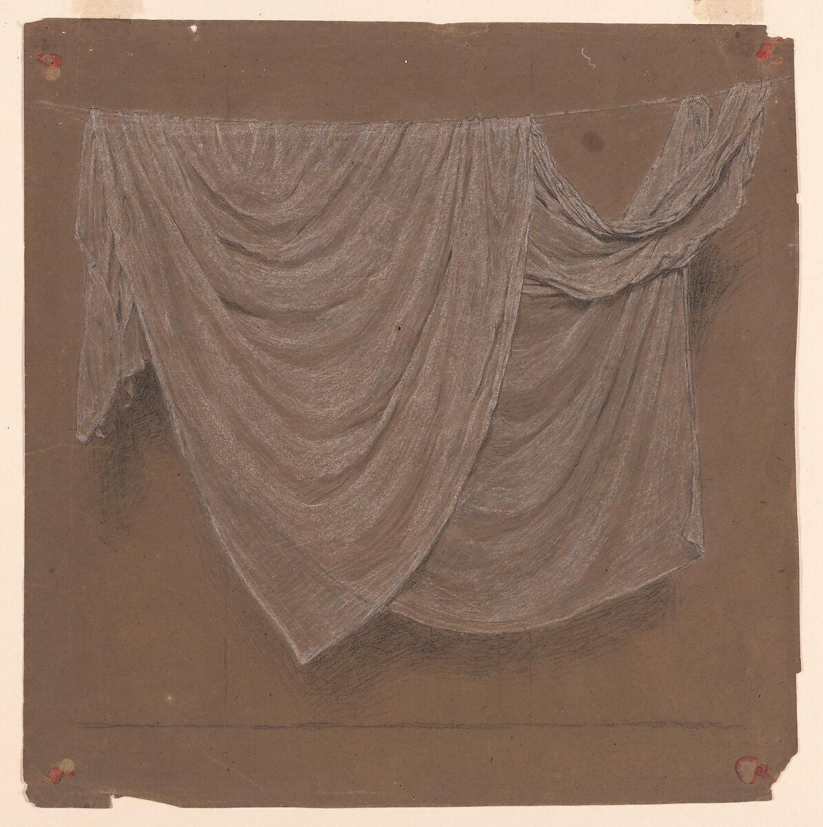 Drapery Study for "Battledore" (recto); Two Women (verso), Albert Joseph Moore (British, York 1841–1893 London), Black conté crayon and white chalk on brown paper (recto); black chalk (verso) 