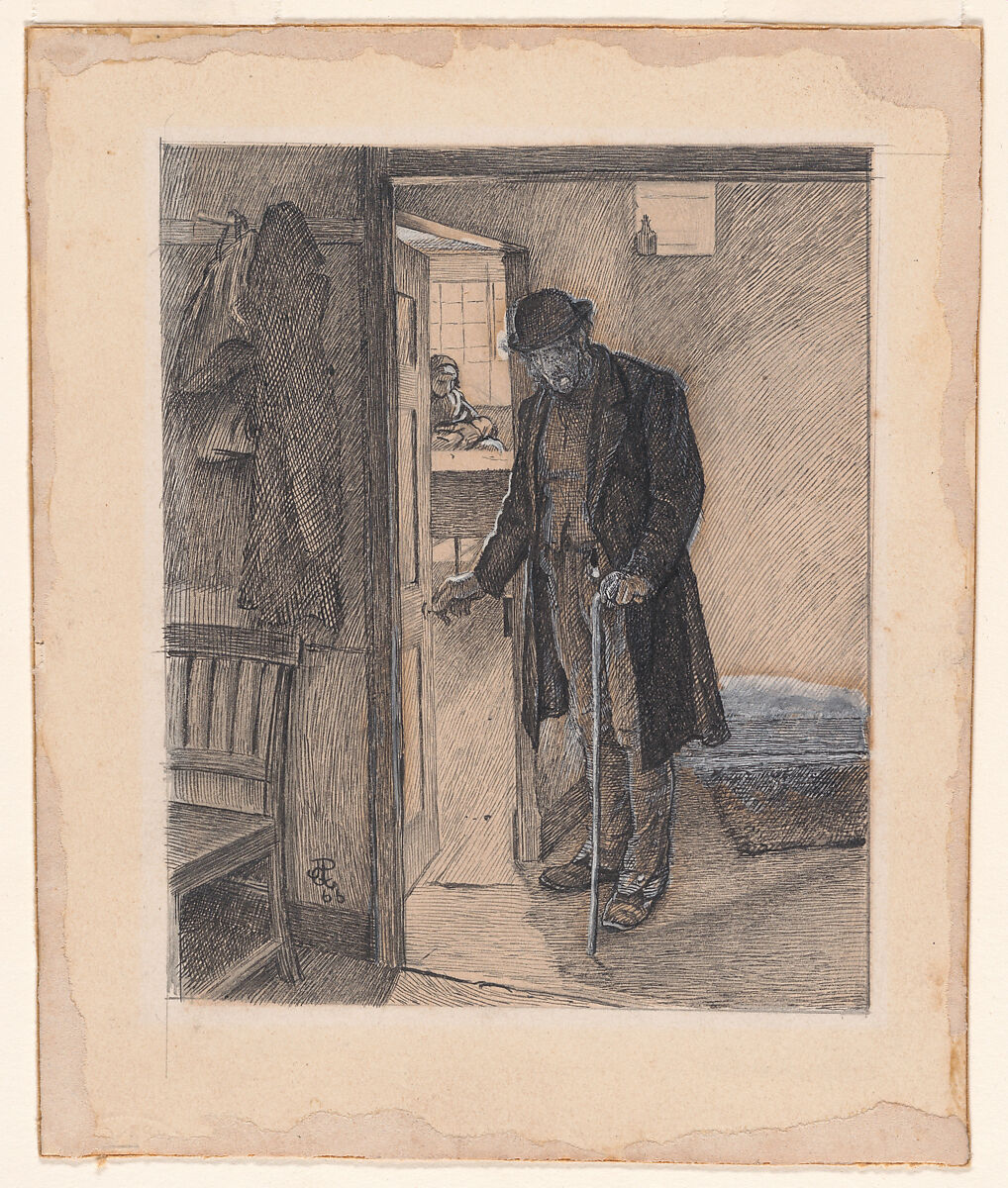 "A man of strife in wrathful mood, he neared the nurse's door." Study for "Strife and Peace", George John Pinwell (British, London 1842–1875 London), Pen and ink with white gouache (bodycolor) on artist's board 