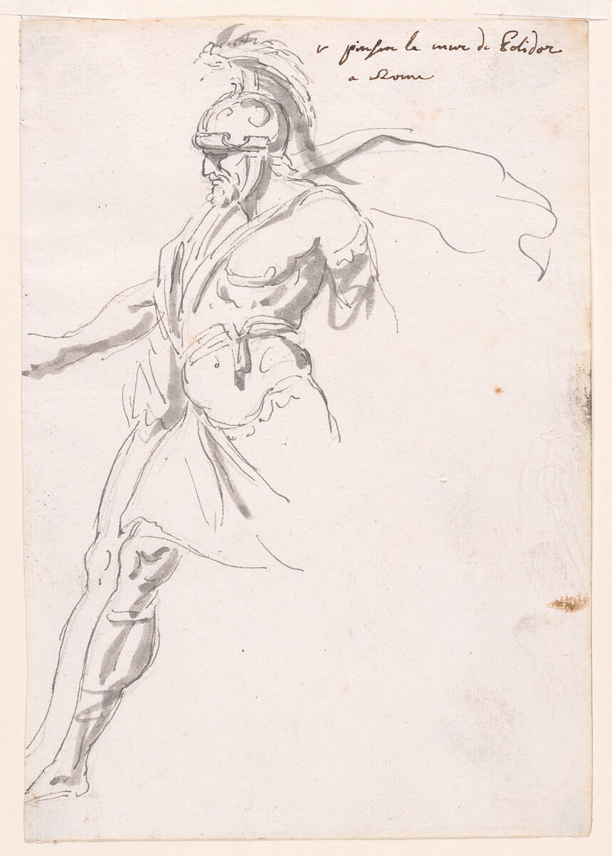 Striding Roman Soldier, Augustin Pajou (French, Paris 1730–1809 Paris), Pen and black ink, brush and gray wash 