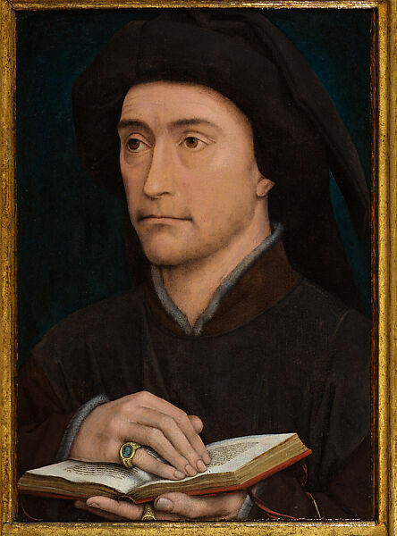 Portrait of a Man with an Open Book (Guillaume Fillastre?) (recto); Branch of Holly and Inscription (verso), Rogier van der Weyden  Netherlandish, Oil on oak panel