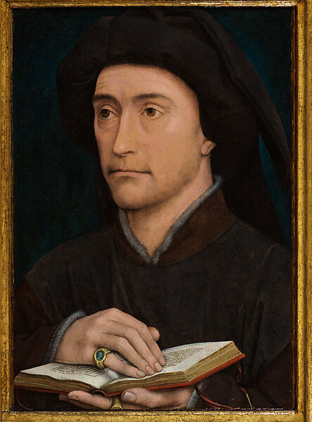 Portrait of a Man with an Open Book (Guillaume Fillastre?) (recto); Branch of Holly and Inscription (verso), Workshop of Rogier van der Weyden (Netherlandish, Tournai ca. 1399–1464 Brussels), Oil on oak panel 