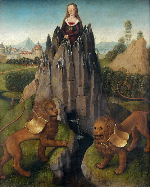 Allegory of Chastity (cover for a lost portrait?), Hans Memling (Netherlandish, Seligenstadt, active by 1465–died 1494 Bruges), Oil on oak panel 