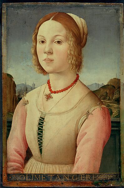 Portrait of a Young Woman (recto); Laurel Wreath, Shield, Ornamental Ribbons, and Poetic Inscriptions (verso), Agnolo del Mazziere  Italian, Oil on poplar panel