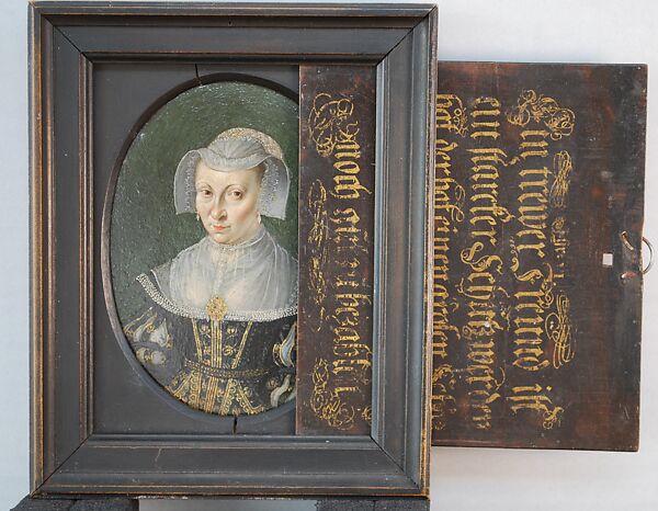 Portrait of a Woman; Sliding Portrait Cover with Inscription, Ludger tom Ring the Younger  German, Oil on copper panel, wood cover