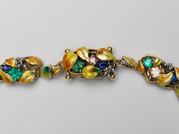 Necklace, Meta Overbeck (American, 1881–1946), Gold, emeralds, Montana sapphires, topazes, enamel, American