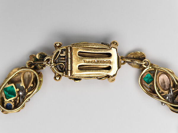 Necklace, Meta Overbeck (American, 1881–1946), Gold, emeralds, Montana sapphires, topazes, enamel, American