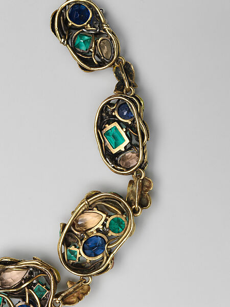 Necklace, Meta Overbeck (American, 1881–1946), Gold, emeralds, Montana sapphires, topazes, enamel, American