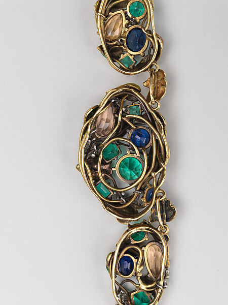 Necklace, Meta Overbeck (American, 1881–1946), Gold, emeralds, Montana sapphires, topazes, enamel, American