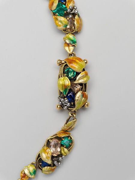 Necklace, Meta Overbeck (American, 1881–1946), Gold, emeralds, Montana sapphires, topazes, enamel, American
