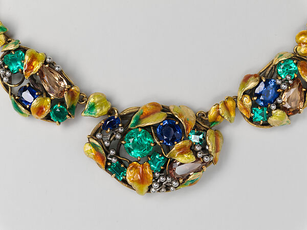 Necklace, Meta Overbeck (American, 1881–1946), Gold, emeralds, Montana sapphires, topazes, enamel, American