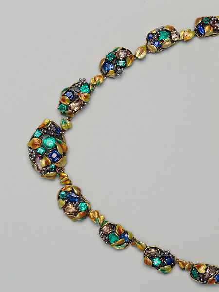 Necklace, Meta Overbeck (American, 1881–1946), Gold, emeralds, Montana sapphires, topazes, enamel, American