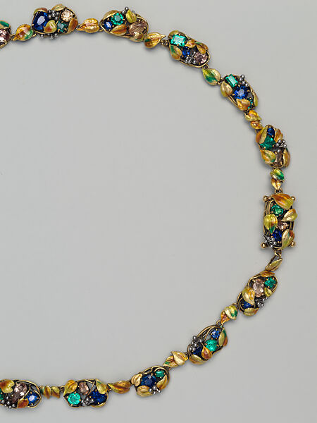 Necklace, Meta Overbeck (American, 1881–1946), Gold, emeralds, Montana sapphires, topazes, enamel, American