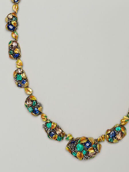 Necklace, Meta Overbeck (American, 1881–1946), Gold, emeralds, Montana sapphires, topazes, enamel, American