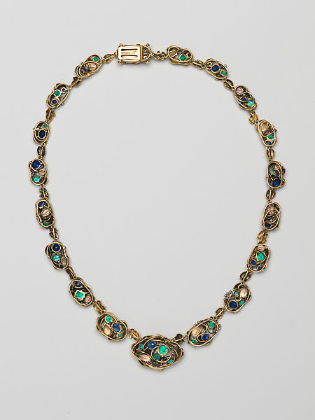 Necklace, Meta Overbeck (American, 1881–1946), Gold, emeralds, Montana sapphires, topazes, enamel, American