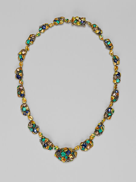 Necklace, Meta Overbeck (American, 1881–1946), Gold, emeralds, Montana sapphires, topazes, enamel, American 