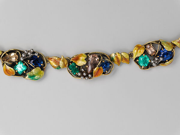 Necklace, Meta Overbeck (American, 1881–1946), Gold, emeralds, Montana sapphires, topazes, enamel, American