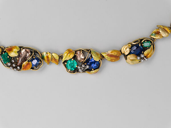 Necklace, Meta Overbeck (American, 1881–1946), Gold, emeralds, Montana sapphires, topazes, enamel, American