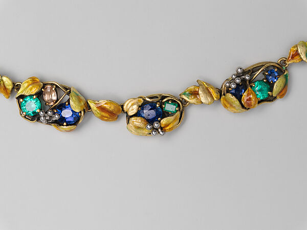 Necklace, Meta Overbeck (American, 1881–1946), Gold, emeralds, Montana sapphires, topazes, enamel, American